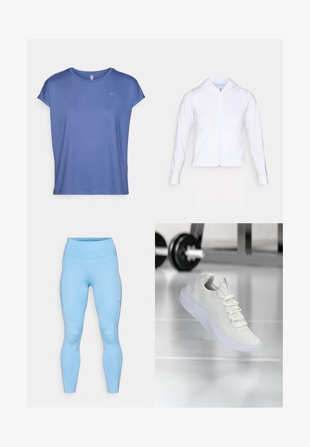 White, lightweight zip-up jacket with a hood, long sleeves, and fitted design. Made from smooth, breathable fabric with a sleek finish.; Short-sleeve, round-neck t-shirt in light blue, made of smooth fabric. Features a subtle logo on the chest and a relaxed, loose fit.; Light blue leggings made of stretchy fabric. Features a high waistband, smooth texture, and curved seams along the legs.; White athletic sneaker with a textured mesh upper and lacing system, featuring a cushioned white sole and subtle ribbed accents.