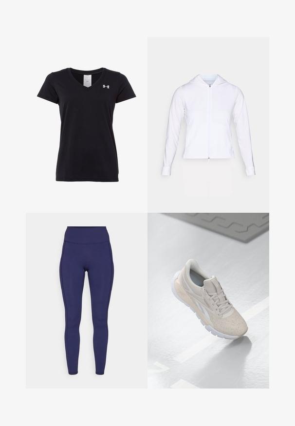 Weiße, leichte Zip-Jacke mit Kapuze, langen Ärmeln und tailliertem Design. Hergestellt aus glattem, atmungsaktivem Stoff mit einem eleganten Finish.; Schwarzes V-Ausschnitt-T-Shirt aus weichem Stoff. Mit kurzen Ärmeln und einem kleinen weißen Logo auf der linken Brust. Einfaches und tailliertes Design.; Marineblaue High-Waist-Leggings aus dehnbarem Stoff. Mit flachen Nähten und enger Passform, ausgestattet mit zwei seitlichen Taschen zur Aufbewahrung.; Hellbeige Sportschuh mit einem perforierten Obermaterial, strukturierten Akzenten, gepolstertem Schaftrand und weißer Gummisohle, entworfen für Komfort und Atmungsaktivität.
