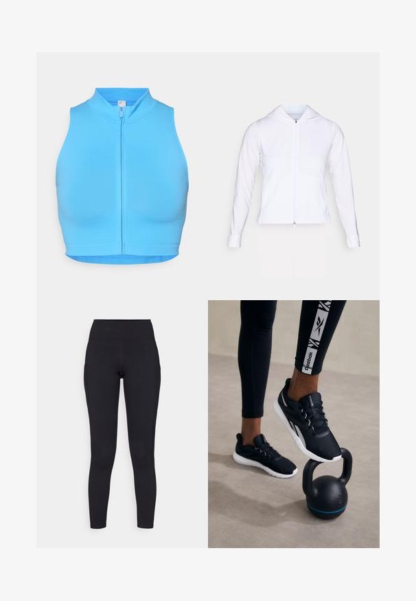 Fehér, könnyű, cipzáras dzseki kapucnival, hosszú ujjakkal és testhezálló fazonnal. Simogató, lélegző anyagból készült, elegáns felülettel.; Fényes kék, derékig érő sportfelső magas gallérral és elülső cipzárral. Rugalmas anyagból készült, sima felülettel és minta nélkül.; Fekete, magas derekú leggings rugalmas anyagból, sima textúrával és testhezálló kialakítással, amely a boka fölé nyúlik.; Fekete sportcipők, textúrával ellátott felsőrésszel, fehér talppal és szürke akcentusokkal, egy fekete kettlebellre helyezve, kék csíkkal, semleges háttér előtt.