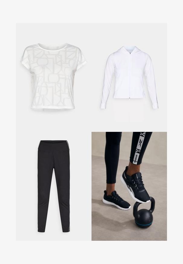 Valge, kerge pehmest materjalist tõmblukuga jakk, millel on kapuuts, pikad varrukad ja jõudnud disain. Valmistatud siledast, hingavast kangast, mis omab sujuvat viimistlust.; Valge lühikeste varrukatega T-särk, millel on tekstureeritud geomeetriline muster veidi heledamas toonis, ümmarguse kaeluse ja vabalt langeva lõikega.; Mustad must leggings venivast kangast. Kõrge vöökoht, kitsenev lõige, valged külgtriibud välimistel õmblustel. Sile pind.; Mustad sportjalatsid, millel on tekstuuriga pealne, valge talla ja hallid detailid, asetsevad musta kettlebelli peal, millel on sinine triip, neutraalses taustas.