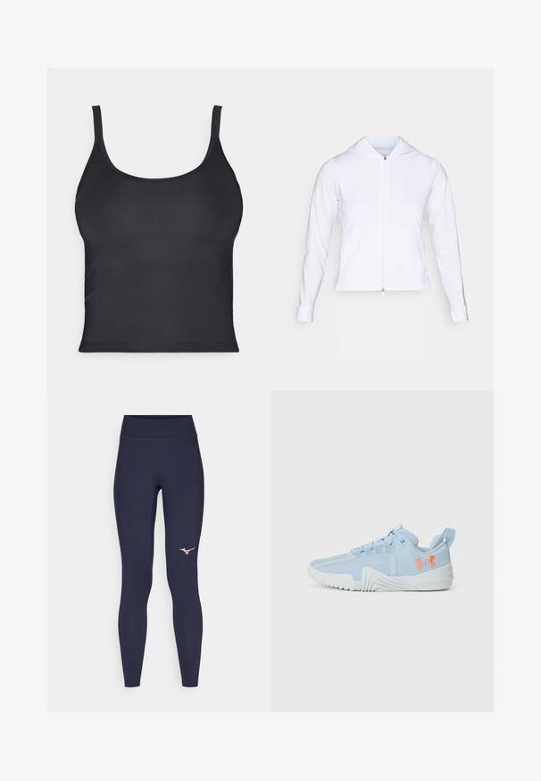 White, lightweight zip-up jacket with a hood, long sleeves, and fitted design. Made from smooth, breathable fabric with a sleek finish.; Black fitted tank top with thin straps, made from smooth material. Features a round neckline and clean, seamless edges.; Navy blue leggings with high waistband, made of stretchy material. Features a pink logo on the lower left leg. Smooth, form-fitting design.; Light blue athletic shoe made of mesh material with a textured sole, featuring an orange logo and lace-up design.