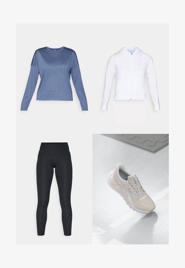 Balta, lengva užtrauktuko striukė su gobtuvu, ilgomis rankovėmis ir prigludusiu dizainu. Pagaminta iš lygaus, kvėpuojančio audinio su glotnia apdaila.; Ilgų rankovių mėlynas viršus, turintis sklandžią tekstūrą, apvalią iškirptę ir šiek tiek nuleistas pečius. Subtilus raštas prideda vizualinį susidomėjimą.; Juodi leggingai, pagaminti iš elastingos medžiagos, su aukštu juosmeniu, lygiu paviršiumi ir apglėbiančiu siluetu. Nėra matomų raštų ar aparatūros.; Šviesiai smėliniai sportiniai batai su perforuotu viršumi, tekstūruotomis detalėmis, paminkštintu apvadu ir balta guma, sukurti komfortui ir kvėpuojamumui.