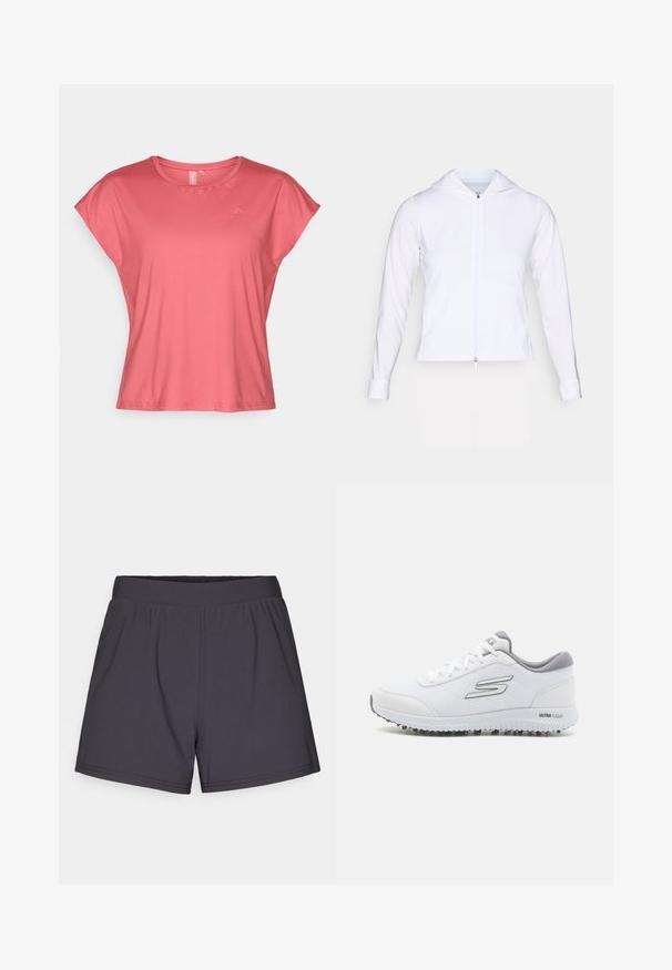 Witte, lichtgewicht ritsjack met capuchon, lange mouwen en een aangesloten ontwerp. Gemaakt van gladde, ademende stof met een elegante afwerking.; Korte mouwen koraalkleurig T-shirt gemaakt van soepel materiaal met een ronde hals en een relaxte pasvorm. Bevat minimale branding in de linkerbovenhoek.; Zwarte sportieve shorts van een lichtgewicht, rekbaar materiaal. Voorzien van een elastische tailleband en een eenvoudig, onversierd ontwerp.; Witte sportschoenen met een gestructureerde mesh bovenkant, zilveren accenten en een lichtgewicht zool met kleine grip-noppen, gemarkeerd met 'ULTRA FLIGHT'.