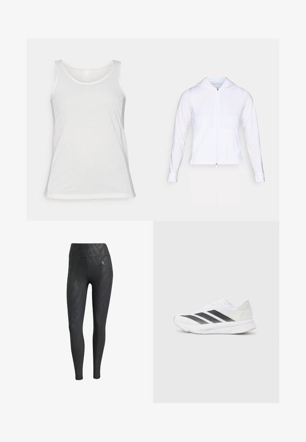 White, lightweight zip-up jacket with a hood, long sleeves, and fitted design. Made from smooth, breathable fabric with a sleek finish.; White sleeveless tank top made of soft fabric; features a round neckline and a regular fit, with a smooth texture and finished hem.; Black leggings with a tonal zebra pattern, high waist, smooth texture, and an Adidas logo on the left hip. Crafted from stretchy fabric.; White athletic shoe with black diagonal stripes, mesh upper, rounded toe, and textured sole. Accents include a silver heel and minimalistic design.