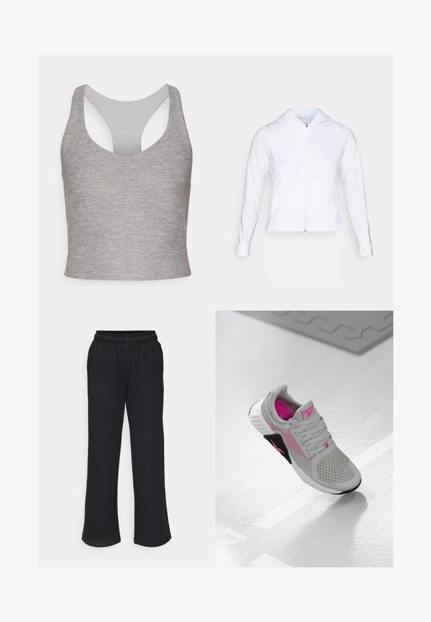 Weiße, leichte Zip-Jacke mit Kapuze, langen Ärmeln und tailliertem Design. Hergestellt aus glattem, atmungsaktivem Stoff mit einem eleganten Finish.; Grauer ärmelloser Cropped-Top mit weitem Rundhalsausschnitt und einem ausgeschnittenen Rücken. Hergestellt aus weichem, elastischem Stoff mit glatter Textur.; Schwarze Sweatpants mit einem ausgestellten Schnitt, elastischem Bund und seitlichen Taschen. Aus weichem Stoff ohne sichtbare Muster oder Akzente gefertigt.; Graue und rosa Reebok Sportschuhe mit Mesh-Obermaterial und detaillierter Sohle, auf einer reflektierenden weißen Fläche präsentiert.