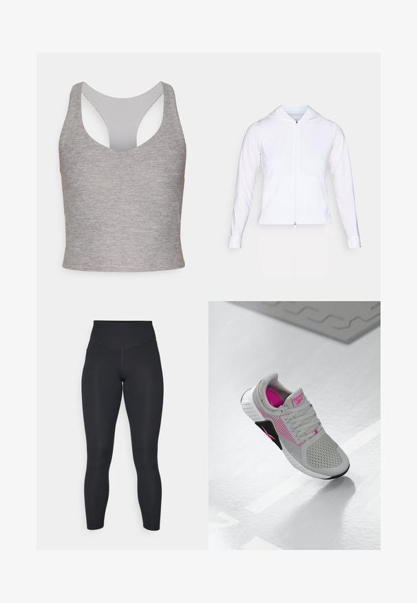 Fehér, könnyű, cipzáras dzseki kapucnival, hosszú ujjakkal és testhezálló fazonnal. Simogató, lélegző anyagból készült, elegáns felülettel.; Szürke ujjatlan crop top széles, kerek nyakkivágással és kivágott hátrészes kialakítással. Puha, rugalmas anyagból készült, sima textúrával.; Fekete leggings magas derékkal, sima textúrával és testhezálló fazonnal. Lapos varrásokkal és teljes hosszúságú takarással rendelkezik, minták nélkül.; Szürke és rózsaszín Reebok sportcipő, hálós felső résszel és részletes talppal, tükröződő fehér felületen kiállítva.