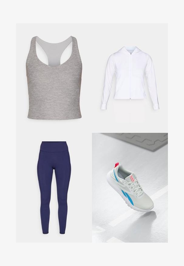 Valge, kerge pehmest materjalist tõmblukuga jakk, millel on kapuuts, pikad varrukad ja jõudnud disain. Valmistatud siledast, hingavast kangast, mis omab sujuvat viimistlust.; Halljas hall ilma varrukat crop-top, millel on lai ümar kaelus ja lõhkamine seljal. Valmistatud pehmest, venivast kangast, millel on sile tekstuur.; Tumed kõrge vöökohtadega retuusid, mis on valmistatud venivast kangast. Omab lamedaid õmblusi ja tihedat istuvust, lisaks on külgedel kaks taskut hoiustamiseks.; Valge ja sinine Reebok'i sneaker punase tõmblukuga, mis hõljub sädelevas põrandas, läheduses hall kummimat.