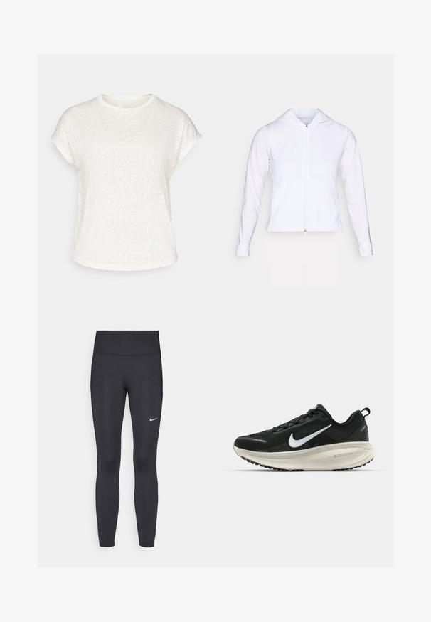 Weiße, leichte Zip-Jacke mit Kapuze, langen Ärmeln und tailliertem Design. Hergestellt aus glattem, atmungsaktivem Stoff mit einem eleganten Finish.; Weißes T-Shirt mit kurzen Ärmeln, das ein strukturiertes Blumenmuster, einen runden Halsausschnitt und einen lässigen Schnitt aufweist. Hergestellt aus weichem, leichtem Stoff.; Schwarze Leggings aus elastischem Stoff, mit einem hohen Bund und einem weißen Nike-Logo auf dem linken Oberschenkel. Glatte Textur, figurbetontes Design.; Schwarzer Nike-Laufschuh mit atmungsaktivem Mesh-Obermaterial, weißem Swoosh-Logo, strukturierten Details und einer cremefarbenen ZoomX-Zwischensohle.