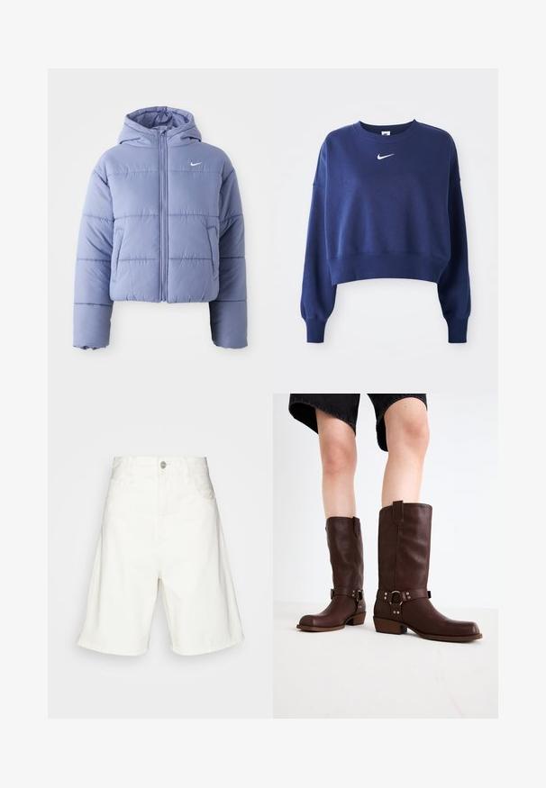 Veste courte en duvet de couleur lavande clair, avec une capuche, une fermeture éclair devant et des coutures horizontales. Poche sur le côté gauche et accent avec le logo Nike.; Sweatshirt légèrement court bleu marine en tissu doux, avec un col rond, des manches longues et un logo Nike blanc sur la poitrine.; Shorts en denim blanc taille haute, dotés d'une fermeture à boutons à l'avant, de deux poches latérales et d'une coupe décontractée. Texture lisse sans motifs visibles.; Bottes en cuir marron jusqu'au genou avec un bout arrondi, une surface texturée, une sangle au niveau de la cheville et des détails en métal argenté ; talon empilé.