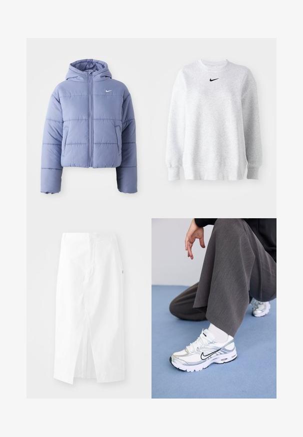 Kratka puhovka v svetlem sivkastem lila odtenku, s kapuco, sprednjim zadrgo in horizontalnim šivom. Levi stranski žep in akcent Nike logotipa.; Siv sweatshirt iz mehke tkanine z okroglo ovratnikom, spušenimi rameni, rebrastimi manšetami in majhnim črnim Nike logotipom na prsih.; Bela bombažna midi krila s pravim krojem, stranskim razporkom in skritim zadrgo. Gladka tekstura, minimalen oblikovni pristop in brez vidnih okraskov.; Bele in srebrne športne čevlje iz mrežastih in sintetičnih materialov, z črnimi poudarkom, vezalkami in teksturiranimi podplati.