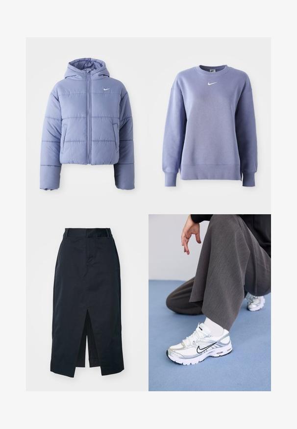 Κοντό μπουφάν σε ανοιχτό λιλά, με κουκούλα, μπροστινό φερμουάρ και οριζόντια ραφή. Τσέπη στο αριστερό πλευρό και διακριτικό λογότυπο Nike.; Ανοιχτό μωβ φούτερ με λαιμόκοψη, φτιαγμένο από μαλακό ύφασμα; διαθέτει ριμπ μανσέτες και στρίφωμα με ένα μικρό λευκό λογότυπο Nike στο στήθος.; Σκούρο ναυτικό μίντι φούστα κατασκευασμένη από βαμβακερό μείγμα υφάσματος, με εμπρόσθιο σκίσιμο, κρυφό φερμουάρ και πλευρικές τσέπες για λειτουργικότητα.; Λευκά και ασημί αθλητικά παπούτσια με δίχτυ και συνθετικά υλικά, που διαθέτουν μαύρες λεπτομέρειες, κορδόνια και υφασμάτους σόλες.