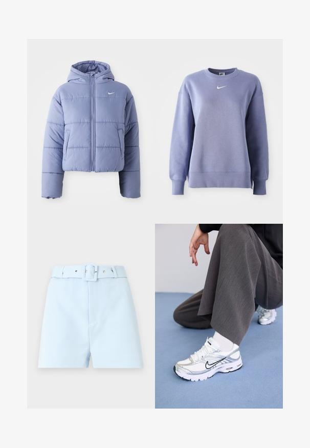 Rövidített puffertakaró világos levendula színben, kapucnival, elülső cipzárral és vízszintes varrásokkal. Bal oldali zseb és Nike logó díszítés.; Fénylila, kerek nyakú pulóver, puha anyagból készült; bordázott mandzsettákkal és széllel rendelkezik, a mellkasán egy kis fehér Nike logóval.; Világoskék rövidnadrág övvel, négyzet alakú csattal és fémszálak díszítésével. Sima anyag, testreszabott szabás és plissélt elülső rész.; Fehér és ezüst sportcipők, hálós és szintetikus anyagokból, fekete díszítő vonalakkal, fűzővel és texturált talppal.