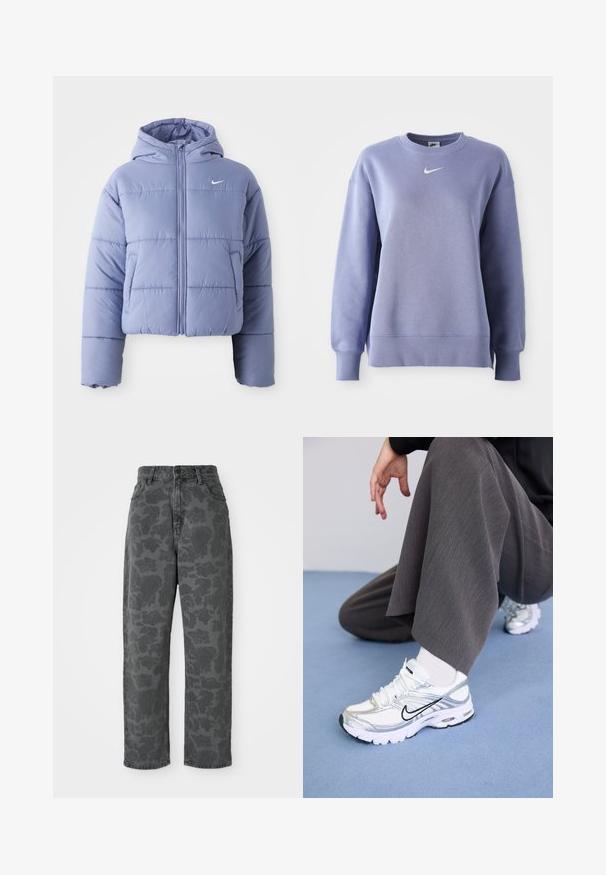 Giacca a vento cropped in un leggero lavanda, con cappuccio, zip frontale e cuciture orizzontali. Tasca laterale sinistra e logo Nike in evidenza.; Felpa viola chiaro a girocollo realizzata in tessuto morbido; presenta polsini e orlo a costine con un piccolo logo Nike bianco sul petto.; Jeans in denim grigio con motivo floreale, vita alta, gamba diritta e design classico a cinque tasche. Tessuto resistente con una leggera texture.; Scarpe da ginnastica bianche e argento in materiali sintetici e mesh, con linee nere di accento, lacci e suole testurizzate.