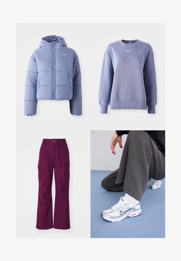 Casaco puffer corto em lavanda clara, com capuz, fecho éclair frontal e costuras horizontais. Bolso do lado esquerdo e logótipo da Nike.; Sweatshirt de gola redonda em lilás claro, feito de tecido suave; tem punhos e bainha canelados com um pequeno logótipo branco da Nike no peito.; Calças cargo roxas com um corte relaxado. As características incluem bolsos laterais, fechamento com botão e uma textura de algodão suave. Design de pernas largas.; Sapatilhas atléticas brancas e prateadas com materiais em malha e sintéticos, apresentando linhas de destaque pretas, atacadores e solas texturizadas.
