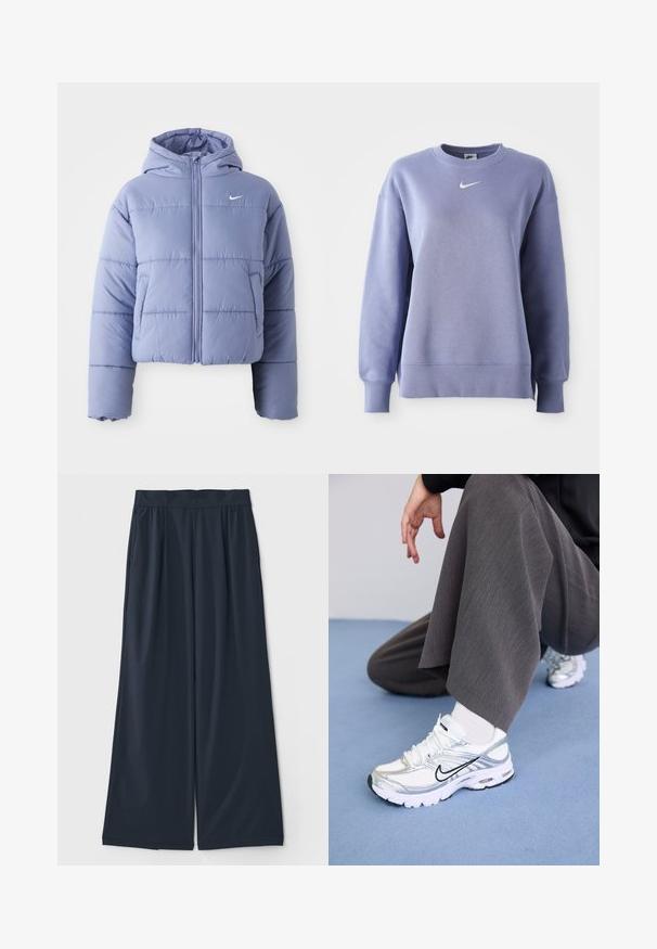 Šviesiai levandų spalvos trumpas pūkinis jakas su kapisonu, priekiniais užtrauktukais ir horizontaliais siūlais. Kairėje pusėje kišenė ir Nike logotipo akcentas.; Šviesiai violetinė apvalios iškirptės džemperis, pagamintas iš minkštos medžiagos; turi raukšlėtus rankogalius ir apačią, ant krūtinės puikuojasi mažas baltas Nike logotipas.; Tamsiai mėlyni plačiakulkšniai kelnių pagaminti iš švelnios medžiagos; turi elastingą juosmenį ir dvi šonines kišenes patogumui.; Balti ir sidabriniai sportiniai batai su tinklelio ir sintetinėmis medžiagomis, turintys juodus akcentus, raištelius ir tekstūruotus padais.
