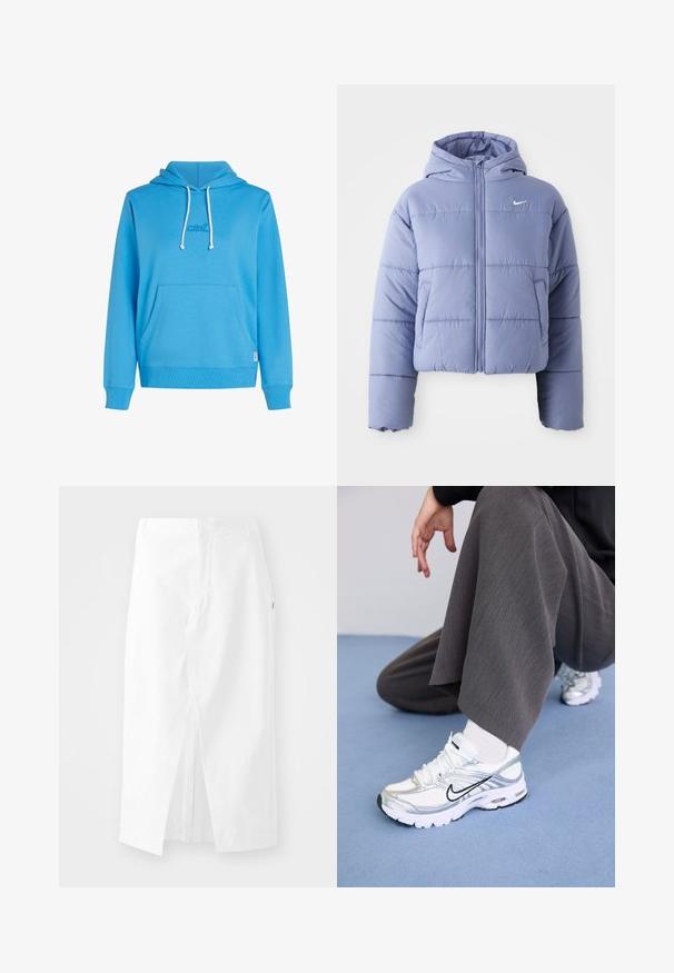 Zkrácená péřová bunda ve světle levandulové barvě, s kapucí, předním zipem a horizontálním prošíváním. Levý kapsa a akcent s logem Nike.; Modrá mikina s kapucí vyrobená z měkké tkaniny, s přední kapsou, kapucí na šňůrku a malým vyšitým logem. Ribbené manžety a lem.; Bílá bavlněná midi sukně s rovnými liniemi, bočním rozparkem a skrytým zipem. Hladká textura, minimalistický design a žádné viditelné ozdoby.; Bílé a stříbrné sportovní boty vyrobené z prodyšných a syntetických materiálů, s černými akcenty, tkaničkami a texturovanou podrážkou.