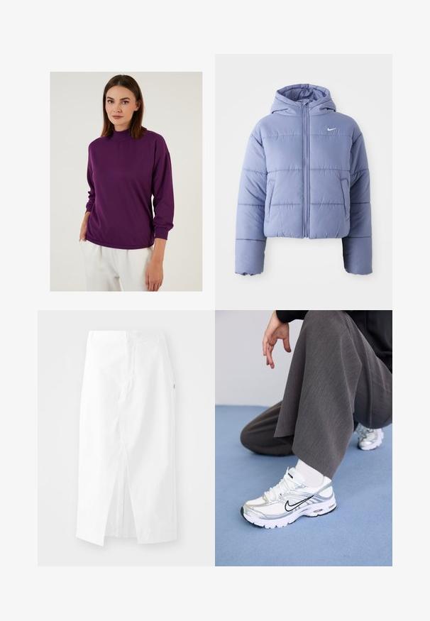 Rövidített puffertakaró világos levendula színben, kapucnival, elülső cipzárral és vízszintes varrásokkal. Bal oldali zseb és Nike logó díszítés.; Lila, hosszú ujjú pulóver magas nyakkal és bordás mandzsettával. Puha textúra, laza fazon és enyhe elasztikusság a kényelem érdekében.; Fehér pamut midi szoknya egyenes szabással, oldalsó hasítékkal és rejtett cipzárral. Sima textúra, minimalista dizájnelemek, és látható díszítések nélkül.; Fehér és ezüst sportcipők, hálós és szintetikus anyagokból, fekete díszítő vonalakkal, fűzővel és texturált talppal.
