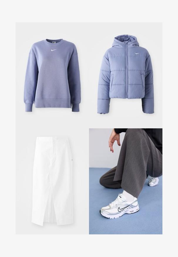 Casaco puffer corto em lavanda clara, com capuz, fecho éclair frontal e costuras horizontais. Bolso do lado esquerdo e logótipo da Nike.; Sweatshirt de gola redonda em lilás claro, feito de tecido suave; tem punhos e bainha canelados com um pequeno logótipo branco da Nike no peito.; Saia midi de algodão branca com corte reto, fenda lateral e fecho zíper oculto. Textura suave, design minimalista e sem embellishments visíveis.; Sapatilhas atléticas brancas e prateadas com materiais em malha e sintéticos, apresentando linhas de destaque pretas, atacadores e solas texturizadas.