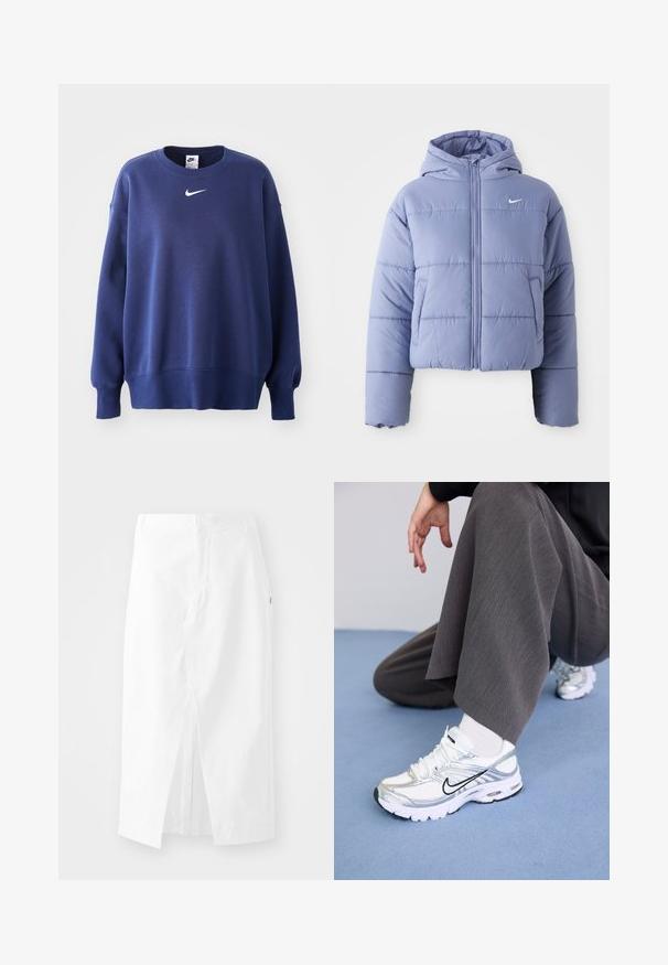 Casaco puffer corto em lavanda clara, com capuz, fecho éclair frontal e costuras horizontais. Bolso do lado esquerdo e logótipo da Nike.; Sweatshirt azul escuro com mangas longas, decote redondo, punhos e barra canelados. Apresenta um pequeno logótipo da Nike em branco no peito. Textura suave.; Saia midi de algodão branca com corte reto, fenda lateral e fecho zíper oculto. Textura suave, design minimalista e sem embellishments visíveis.; Sapatilhas atléticas brancas e prateadas com materiais em malha e sintéticos, apresentando linhas de destaque pretas, atacadores e solas texturizadas.