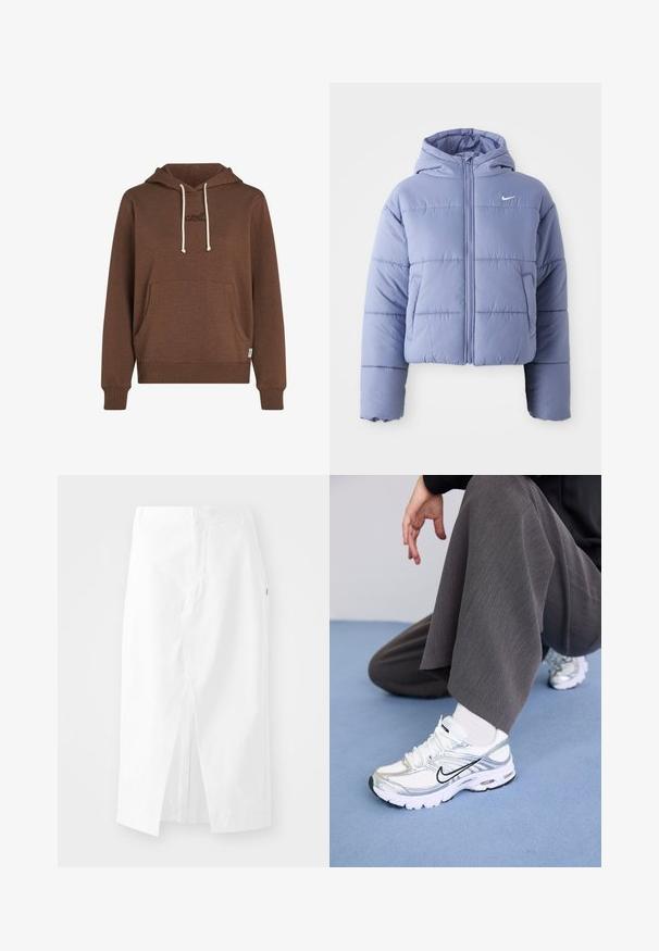 Gekürzte Steppjacke in hellem Lavendel, ausgestattet mit einer Kapuze, Frontreißverschluss und horizontalen Nähten. Linke Seitentasche und Nike-Logo-Akzent.; Brauner Kapuzenpullover aus weichem Stoff. Verfügt über eine Fronttasche, cremefarbene Kordeln und gestickte Markenkennung in passender Farbe.; Weißer Baumwoll-Midi-Rock mit geradem Schnitt, seitlichem Schlitz und verdecktem Reißverschluss. Glatte Textur, minimales Design und keine sichtbaren Verzierungen.; Weiße und silberne Sportschuhe aus Mesh- und Synthetikmaterialien, mit schwarzen Akzentlinien, Schnürsenkeln und strukturierten Sohlen.