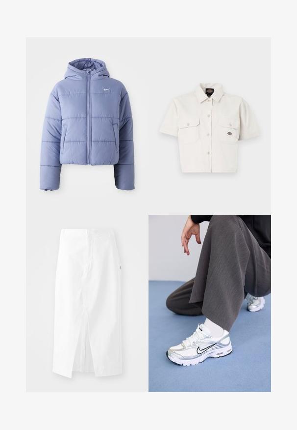 Jachetă puffer scurtă în lavandă deschisă, cu glugă, fermoar frontal și cusături orizontale. Buzunar pe partea stângă și detaliu cu logo-ul Nike.; Cămașă albă scurtă, din bumbac, cu mâneci scurte, croptă, cu două buzunare pe piept, închidere cu butoane pe față și un patch cu logo pe buzunarul din stânga.; Fustă midi din bumbac alb, cu croială dreaptă, fante laterale și fermoar ascuns. Textură netedă, design minimalist și fără ornamente vizibile.; Pantofi sport albi și argintii, confecționați din materiale tip plasă și sintetice, având linii de accent negru, șireturi și tălpi texturate.