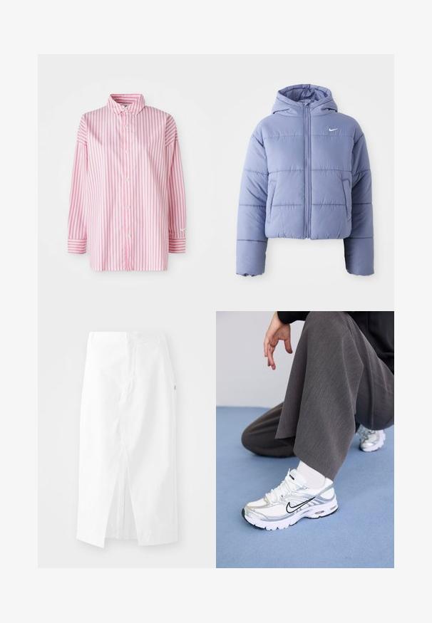 Skračená prešívaná bunda v svetlovioletovej farbe, s kapucňou, predným zipsom a horizontálnym prešívaním. Ľavá bočná vrecko a akcent Nike loga.; Prúžkovaná košeľa s gombíkmi, ktorá má vertikálne ružové a biele prúžky, dlhé rukávy s manžetami a klasický golier. Vyrobená z ľahkej tkaniny.; Biela bavlnená midi sukňa so strižným strihom, postranným rozparkom a skrytým zipsom. Hladká textúra, minimálny dizajn a žiadne viditeľné ozdoby.; Biele a strieborné športové topánky s jemnou sieťovinou a syntetickými materiálmi, so čiernymi akcentmi, šnúrkami a textúrovanými podrážkami.