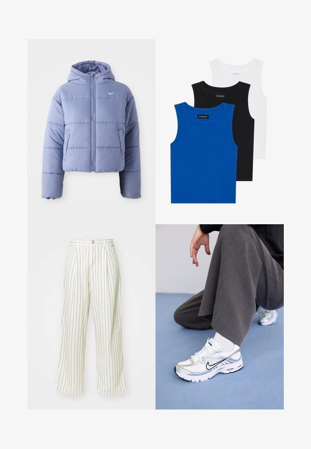 Cropped pufferjack in licht lavendel, met een capuchon, een rits aan de voorkant en horizontale stitching. Linkerzijzak en Nike-logo accent.; Drie mouwloze shirts in blauw, zwart en wit. De stof is ribbelstof met een ronde hals. Elk shirt heeft een label met de tekst "even&odd."; Brede broekspijpen van crèmekleurige stof met verticale bruine strepen, voorzien van een knoopsluiting en voorplooien voor extra ontwerpdetails.; Witte en zilveren sport schoenen van mesh en synthetische materialen, met zwarte accentlijnen, veters en gestructureerde zolen.
