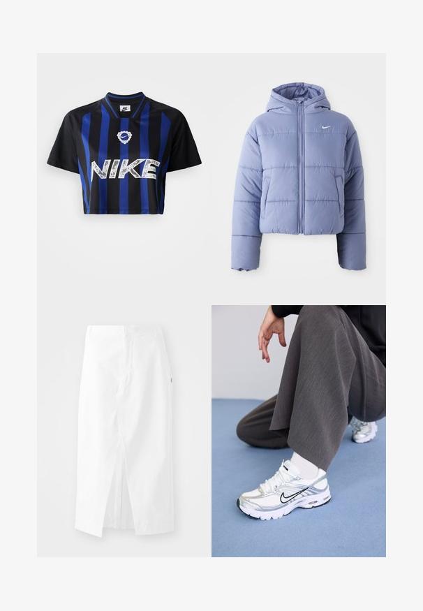 Kratka puhovka v svetlem sivkastem lila odtenku, s kapuco, sprednjim zadrgo in horizontalnim šivom. Levi stranski žep in akcent Nike logotipa.; Krojena Nike majica v črni barvi z navpičnimi modrimi črtami. Ima izrazit bel Nike znak in okroglo ovratnico. Gladka tekstura tkanine.; Bela bombažna midi krila s pravim krojem, stranskim razporkom in skritim zadrgo. Gladka tekstura, minimalen oblikovni pristop in brez vidnih okraskov.; Bele in srebrne športne čevlje iz mrežastih in sintetičnih materialov, z črnimi poudarkom, vezalkami in teksturiranimi podplati.