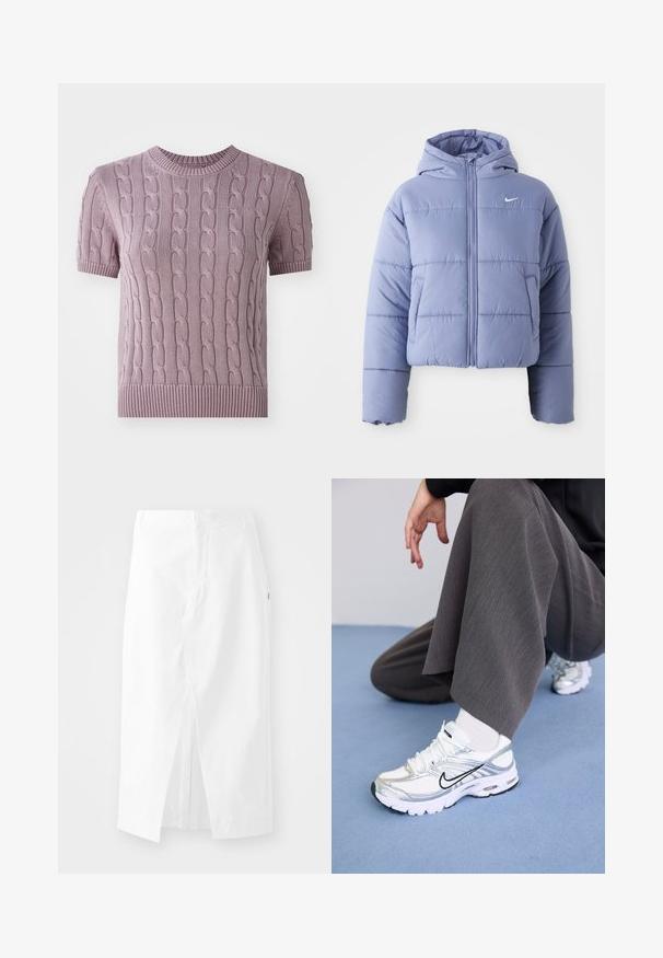 Afskåret pufferjakke i lys lavendel med hætte, frontlynlås og vandret syninger. Lomme på venstre side og Nike-logo som accent.; Kortærmet kabelstrikket sweater i lyse lilla. Funktionen inkluderer en ribbet halsudskæring og kant samt et struktureret mønster gennem kroppen.; Hvid midi-skjørt i bomuld med lige snit, sideslids og skjult lynlås. Glat tekstur, minimalistisk design og ingen synlige udsmykninger.; Hvide og sølv atletik sko med meshej og syntetiske materialer, der har sorte accentlinjer, snørebånd og strukturerede såler.