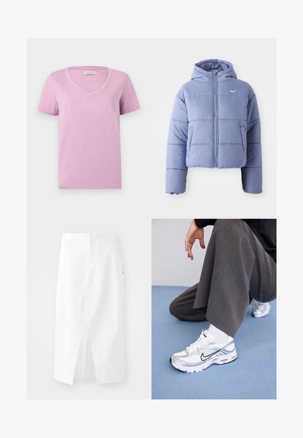 Afskåret pufferjakke i lys lavendel med hætte, frontlynlås og vandret syninger. Lomme på venstre side og Nike-logo som accent.; Kortærmet lavendel V-hals t-shirt lavet af blødt stof, med en glat tekstur og et simpelt design uden mønstre eller udsmykninger.; Hvid midi-skjørt i bomuld med lige snit, sideslids og skjult lynlås. Glat tekstur, minimalistisk design og ingen synlige udsmykninger.; Hvide og sølv atletik sko med meshej og syntetiske materialer, der har sorte accentlinjer, snørebånd og strukturerede såler.