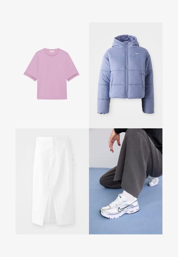 Lühike puffjakker helesinises värvitoonis, millel on kapuuts, eesmine tõmblukk ja horisontaalsed õmblused. Vasakul küljel on tasku ja Nike logo aktsent.; Roosa lühikeste varrukatega t-särk, mis on valmistatud pehmest kangast, millel on pitsdetailid varrukate ääres ning klassikaline ümmargune kaelus.; Valge puuvillane midi seelik sirge lõikega, külgseHVähi ja peidetud tõmblukuga. Sile tekstuur, minimaalne disain ja nähtavat kaunistust ei ole.; Valged ja hõbedased spordijalatsid, mis on valmistatud võrgusilma ja sünteetilistest materjalidest ning millel on mustad aktsentjooned, paelad ja tekstuuriga tallad.