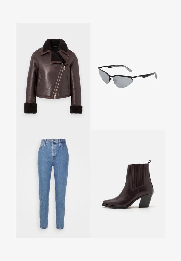 Bruine leren cropped jas met een nep bontkraag, ritssluiting en schapenwollen manchetten. Voorzien van een asymmetrisch ontwerp en een gestructureerde afwerking.; Zwart langemouwen top met off-shoulder halslijn, gladde stof, aansluitend ontwerp en een naadloze zoom. Eenvoudige en minimalistische stijl.; Blauwe high-waisted straight-leg jeans met een knoop en rits aan de voorkant, riemlussen en zakken, weergegeven op een effen witte achtergrond.; Donkerbruine leren enkelboot met een spitse neus, verticale geribbelde details aan de zijkant en een blokhak van gemiddelde hoogte.; Zwarte zonnebril met een hoekig, cat-eye ontwerp. Zilveren spiegellenzen. Slanke, lichte kunststof monturen met subtiele branding op de sleuven.