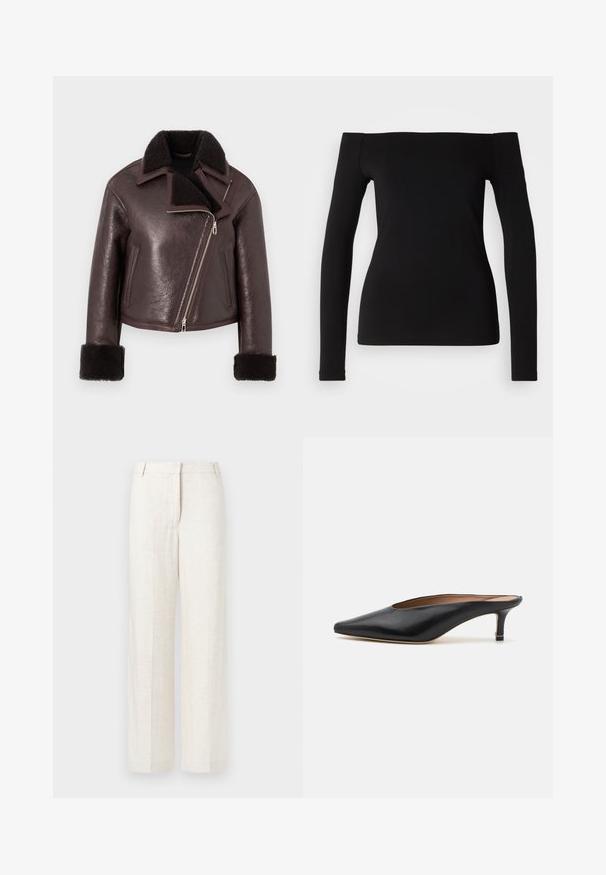 Bruine leren cropped jas met een nep bontkraag, ritssluiting en schapenwollen manchetten. Voorzien van een asymmetrisch ontwerp en een gestructureerde afwerking.; Zwart langemouwen top met off-shoulder halslijn, gladde stof, aansluitend ontwerp en een naadloze zoom. Eenvoudige en minimalistische stijl.; Beige wijde broek in een linnenmix, met een soepele textuur, klassieke voorplooien en zijzakken voor extra functionaliteit.; Zwarte leren muiltjes met een puntige neus en een lage, blokhak. Glad oppervlak met een gestroomlijnd ontwerp. Open achterkant met minimale details.