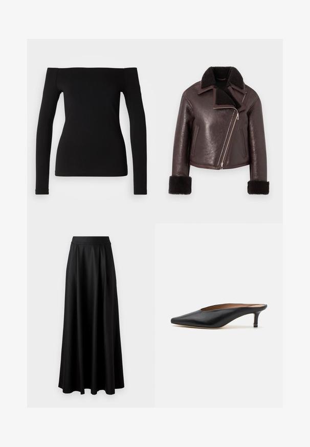 Brown leather cropped jacket with a faux fur collar, zip closure, and shearling cuffs. Features an asymmetrical design and textured finish.; Black long-sleeve top with off-the-shoulder neckline, smooth fabric, fitted design, and a seamless hem. Simple and minimalistic style.; Black, floor-length skirt with a smooth texture, wide waistband, and pleated design, featuring no visible patterns or embellishments.; Black leather mules with a pointed toe and low, block heel. Smooth texture with a sleek design. Open back with minimal detailing.