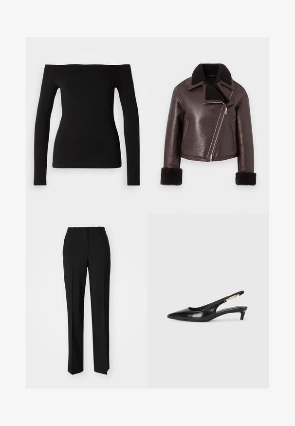 Brown leather cropped jacket with a faux fur collar, zip closure, and shearling cuffs. Features an asymmetrical design and textured finish.; Black long-sleeve top with off-the-shoulder neckline, smooth fabric, fitted design, and a seamless hem. Simple and minimalistic style.; Black tailored trousers with a straight-leg design, featuring a smooth texture and crisp creases along the front. No visible hardware.; Black leather slingback heels with a pointed toe, featuring a slim heel and a gold-tone accent on the adjustable strap. Smooth texture.