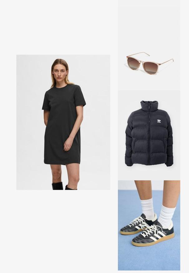 Tumesine puffer jope kõrge kraega, lukuga ja valge Adidas'i logoga rinnal. Omab õmmeldud paneele ja siledat, läikivat tekstuuri.; Must mustdress mustast, mis tõmbel, omaduste pealmine peal tagasi, ja siledat kangast.; Mustad nahast tennisetossud valgete triipudega, ümar nina, valged paelad ja kummist tallad. Esiletõstetud pehmendatud krae ja brändingu detailid.; Prunade gradientiga prillid koos poolka sellest roosast raamistikust, ruudukujulised ning õhukeste metallist kätega. Omab ümarate servadega ja minimaalset detailide taset.