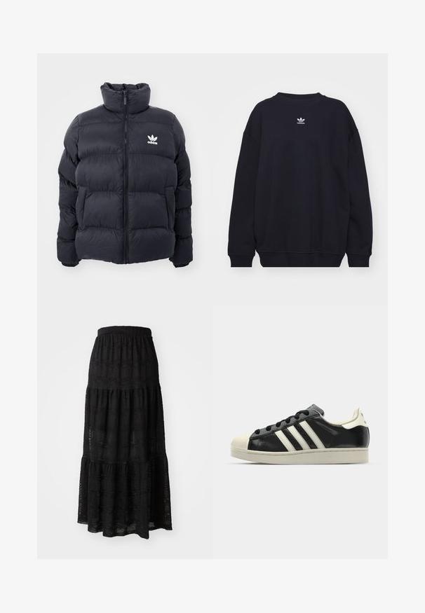 Marinblå pufferjacka med hög krage, dragkedjestängning och vitt Adidas-logotyp på bröstet. Har sydda paneler och en slät, glansig yta.; Svart sweatshirt i bomullsmix, med ribbat rundhals och muddar, med en liten vit Adidas-logotyp centralt på bröstet.; Svart maxikjol i texturerat tyg, med ett lager-på-lager-design, samlad midja och subtila vågmönster genom hela plagget.; Svart lädersneaker med vita ränder, gummitåhätta, svarta snören och en krämfärgad sula. Slät textur med blank yta.