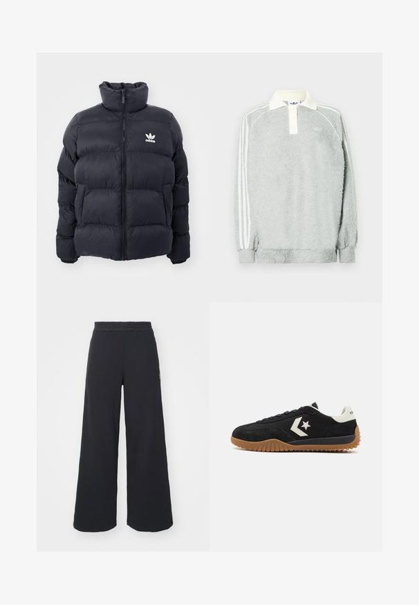 Marineblå pufferjakke med høy krage, glidelås og hvit Adidas-logo på brystet. Har sømmerte paneler og en glatt, blank tekstur.; Grå fleece langermet polo med kremfarget krage, tre knapper og hvite striper langs ermene. Myk tekstur gjennom hele.; Svart bukse med vid benvidde laget av myk stoff, med elastisk midjebånd og en liten logo på venstre side.; Sorte semsket sneakers med en hvit skinn hæl og logo, med en teksturert gummisåle og flat snøring.