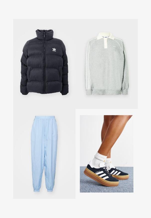 Jūrinės spalvos pūkinė striukė su aukštu apykakle, užtrauktuku ir baltu Adidas logotipu ant krūtinės. Yra siūti šoniniai panelei ir lygus, blizgus paviršius.; Pilkas fliso polo su ilgomis rankovėmis, kreminės spalvos apykakle, trimis mygtukais ir baltais dryžiais palei rankoves. Minkšta tekstūra visoje aprangoje.; Šviesiai mėlyni, lengvi audiniai kelnių su elastinga juosmens juosta, elastingais rankogaliais, šoninėmis kišenėmis ir tekstūruotu paviršiumi. Juodos šoninės juostos detalės.; Juodi zomšiniai sportbačiai su baltais dryžiais ir akcentais, apvalios nosies, guminio, gumos pado, derinami su baltais raitytais vidutinio ilgio kojinaitėmis.