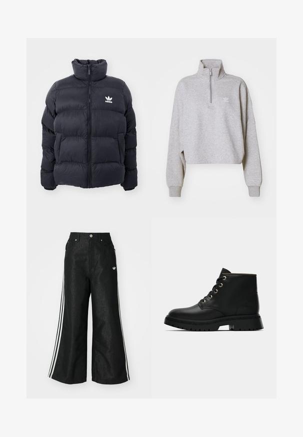 Tengerész kék puffertöltött dzseki magas gallérral, cipzáros záródással és fehér Adidas logóval a mellkasán. Jellemzője a tűzött panelek és a sima, fényes textúra.; Szürke cropped kapucnis pulóver magas gallérral, félig zippes és laza ujakkal. A mellrészen egy apró fehér logó található. Puha anyagból készült.; Fekete, bő szárú farmernadrág, mindkét oldalon három fehér csík díszítéssel és egy kis fehér logóval. Elölzsebekkel és gombos záródással rendelkezik.; Fekete bőr bokacsizma kerek orral, arany fémlyukakkal és texturált talppal. Párnázott gallérral és jellegzetes logóval a szegen.