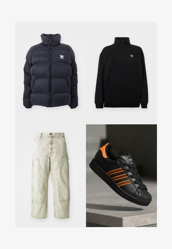Tumesine puffer jope kõrge kraega, lukuga ja valge Adidas'i logoga rinnal. Omab õmmeldud paneele ja siledat, läikivat tekstuuri.; Must quarter-zip dressipluus, mis on valmistatud pehmest kangast, omab kõrget kraekest, soonikkoes varrukaid ja väikest valget Adidas logo rinnal.; Heledad rohelised laiad cargo püksid, valminud denimist, suurte külgtaskute, nupu- ja tõmblukuga kinnituse ning nähtavate õmblusdetailidega.; Mustad mustad mustad oranzhides üksikasjad, kolm horisontaalset triipu, tekstureeritud nahk pealisosa, kummist varbaosa ja mustad paelad.