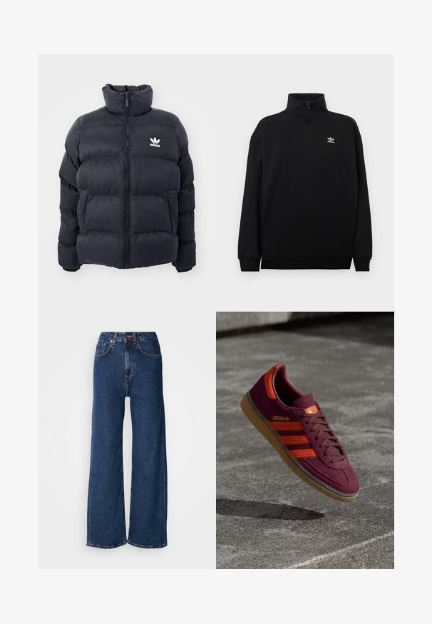 Jūrinės spalvos pūkinė striukė su aukštu apykakle, užtrauktuku ir baltu Adidas logotipu ant krūtinės. Yra siūti šoniniai panelei ir lygus, blizgus paviršius.; Juodas ketvirčio užtrauktuku džemperis, pagamintas iš minkštos medžiagos, su aukštu apykakliu, rištu užsegimais ir mažuoju baltu Adidas logotipu ant krūtinės.; Plačių kojų džinsai tamsiai mėlynos spalvos džinso audinio. Aukšto liemens modelis su sagos užsegimu, penkių kišenių ir švaraus kirpimo apačia.; Bordo zomšo sportbačkės su oranžinėmis juostelėmis ir akcentais, rudais raišteliais ir guminėmis padangomis. Ant liežuvėlio yra logotipo etiketė.