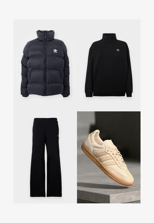 Tengerész kék puffertöltött dzseki magas gallérral, cipzáros záródással és fehér Adidas logóval a mellkasán. Jellemzője a tűzött panelek és a sima, fényes textúra.; Fekete negyedcipzáras pulóver puha anyagból, magas gallérral, bordázott mandzsettákkal és a mellkason egy kis fehér Adidas logóval.; Fekete melegítőnadrág rugalmas derékpánttal, laza szabással, bal lábszáron egy kis fehér logóval. Puha anyagból készült.; Világos bézs velúr sportcipő, gumitalppal, három átlós csíkkal és texturált orral. A díszítés a nyelven és az oldalon található.