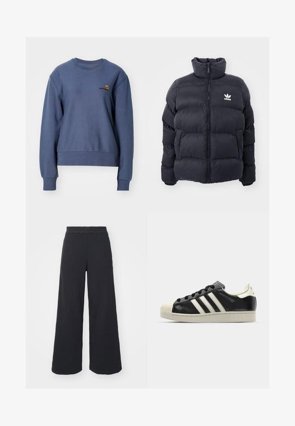 Marineblå pufferjakke med høy krage, glidelås og hvit Adidas-logo på brystet. Har sømmerte paneler og en glatt, blank tekstur.; Carhartt WIP AMERICAN SCRIPT - Sweatshirt - positano; Svart bukse med vid benvidde laget av myk stoff, med elastisk midjebånd og en liten logo på venstre side.; Svarte skinnsneakers med hvite striper, gummitopp, svarte lisser og en kremfarget såle. Glatt tekstur med blank finish.