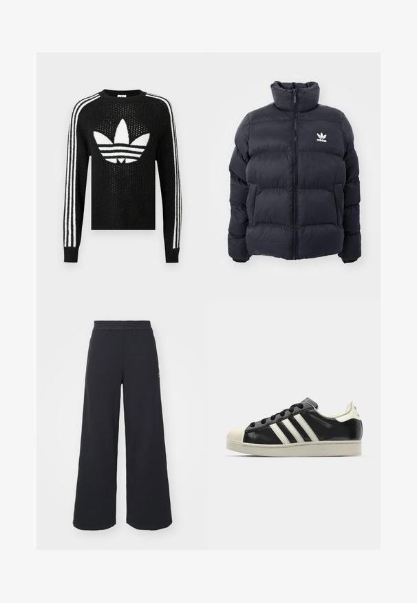 Tengerész kék puffertöltött dzseki magas gallérral, cipzáros záródással és fehér Adidas logóval a mellkasán. Jellemzője a tűzött panelek és a sima, fényes textúra.; Fekete kötött pulóver, fehér Adidas trefoil logóval és három fehér csíkkal mindkét ujjon. Struktúrált anyag, enyhe fénylő hatással.; Fekete, bő szárú melegítőnadrág, puha anyagból készült, rugalmas derékkal és egy kis logóval a bal oldalon.; Fekete bőrsneaker fehér csíkokkal, gumírozott orral, fekete fűzővel és krém színű talppal. Simaság és fényes felület jellemzi.