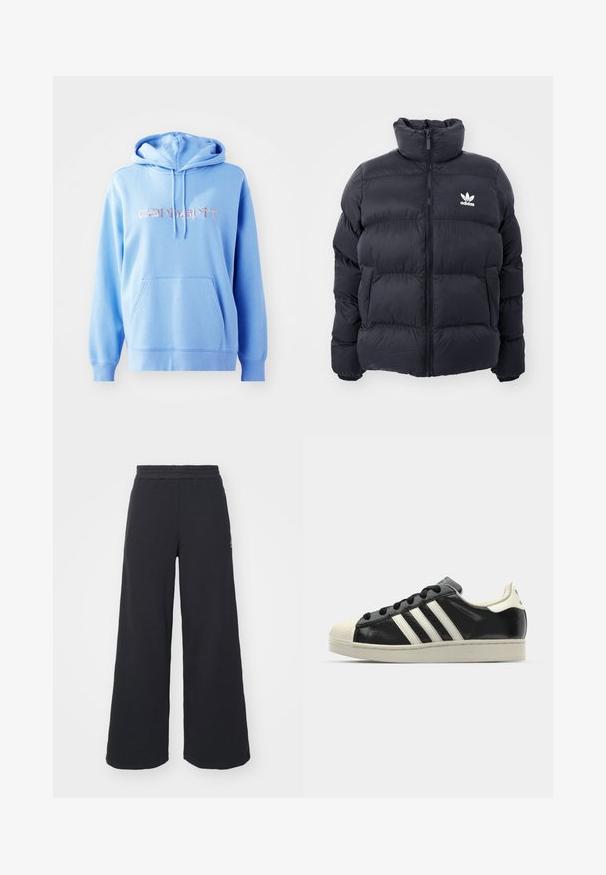 Tummansininen puffer-takki, jossa on korkea kaulus, vetoketjusuljenta ja valkoinen Adidas-logo rinnassa. Takissa on ommeltuja paneeleja ja sileä, kiiltävä pinta.; Vaaleansininen huppari, joka on valmistettu pehmeästä materiaalista. Hupparissa on etutasku, nyöritettävä huppu ja vaaleanpunaisella langalla brodeerattu "carhartt."-logo.; Mustat leveät collegehousut, jotka on valmistettu pehmeästä kankaasta. Niissä on elastinen vyötärö ja pieni logo vasemmalla puolella.; Musta nahkasneakeri, jossa on valkoiset raidat, kuminen varvassuoja, mustat nauhat ja kermaisa ulkopohja. Suora pinta ja kiiltävä viimeistely.