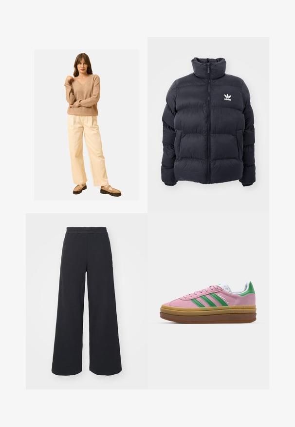Marinblå pufferjacka med hög krage, dragkedjestängning och vitt Adidas-logotyp på bröstet. Har sydda paneler och en slät, glansig yta.; Beige stickad tröja med V-ringning, parat med lösa krämfärgade byxor och ljusbruna skor med mörka yttersulor. Slät textur, avslappnad design.; Svarta vida sweatpants tillverkade av mjukt tyg, med ett elastiskt midjeband och en liten logotyp på vänster sida.; Rosa mockaskor med gröna ränder, vita accenter och en brun gummisula. Har ett strukturerat tyg och logodetaljer på sidan.
