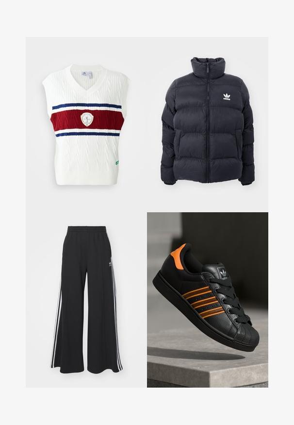 Tengerész kék puffertöltött dzseki magas gallérral, cipzáros záródással és fehér Adidas logóval a mellkasán. Jellemzője a tűzött panelek és a sima, fényes textúra.; Fehér ujjatlan felső, kábelmintás textúrával, piros és kék csíkkal és kör alakú logóval. Bordázott nyak és szegély.; Fekete, bő szárú melegítőnadrág, rugalmas derékkal, fehér oldalsávokkal és hímzett logóval a bal combon.; Fekete sportcipő narancssárga részletekkel, három vízszintes csíkkal, texturált bőr felsőrésszel, gumis orral és fekete fűzőkkel.