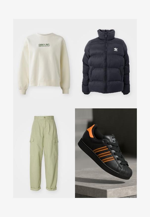 Granatowa kurtka puchowa z wysokim kołnierzem, z zamkiem błyskawicznym i białym logo Adidas na piersi. Posiada przeszywane panele oraz gładką, błyszczącą teksturę.; Jasno kremowa bluza z miękkiego materiału. Posiada zielone logo "OBEY INT." nad nazwami miast. Wygodne dopasowanie z ściągaczami przy mankietach.; Jasnozielone spodnie cargo wykonane z bawełnianej tkaniny. Charakteryzują się wysokim stanem, podwiniętymi mankietami oraz dwiema bocznymi kieszeniami cargo dla zwiększonej użyteczności.; Czarne sneakersy z pomarańczowymi akcentami, trzema poziomymi paseczkami, skórzaną cholewką o teksturowanej powierzchni, gumowym noskiem i czarnymi sznurówkami.