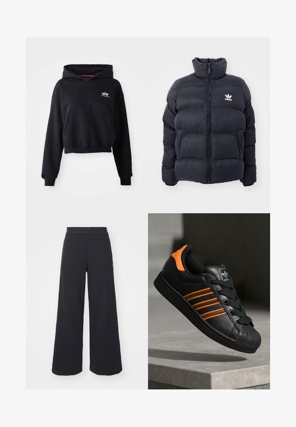 Marinblå pufferjacka med hög krage, dragkedjestängning och vitt Adidas-logotyp på bröstet. Har sydda paneler och en slät, glansig yta.; Svart kortärmad hoodie i mjukt material, med en framficka, dragsko i huvan och en liten vit logotyp på bröstet.; Svarta vida sweatpants tillverkade av mjukt tyg, med ett elastiskt midjeband och en liten logotyp på vänster sida.; Svart sneakers med orange detaljer, tre horisontella ränder, texturerad läderöverdel, gummitåhuvud och svarta snören.